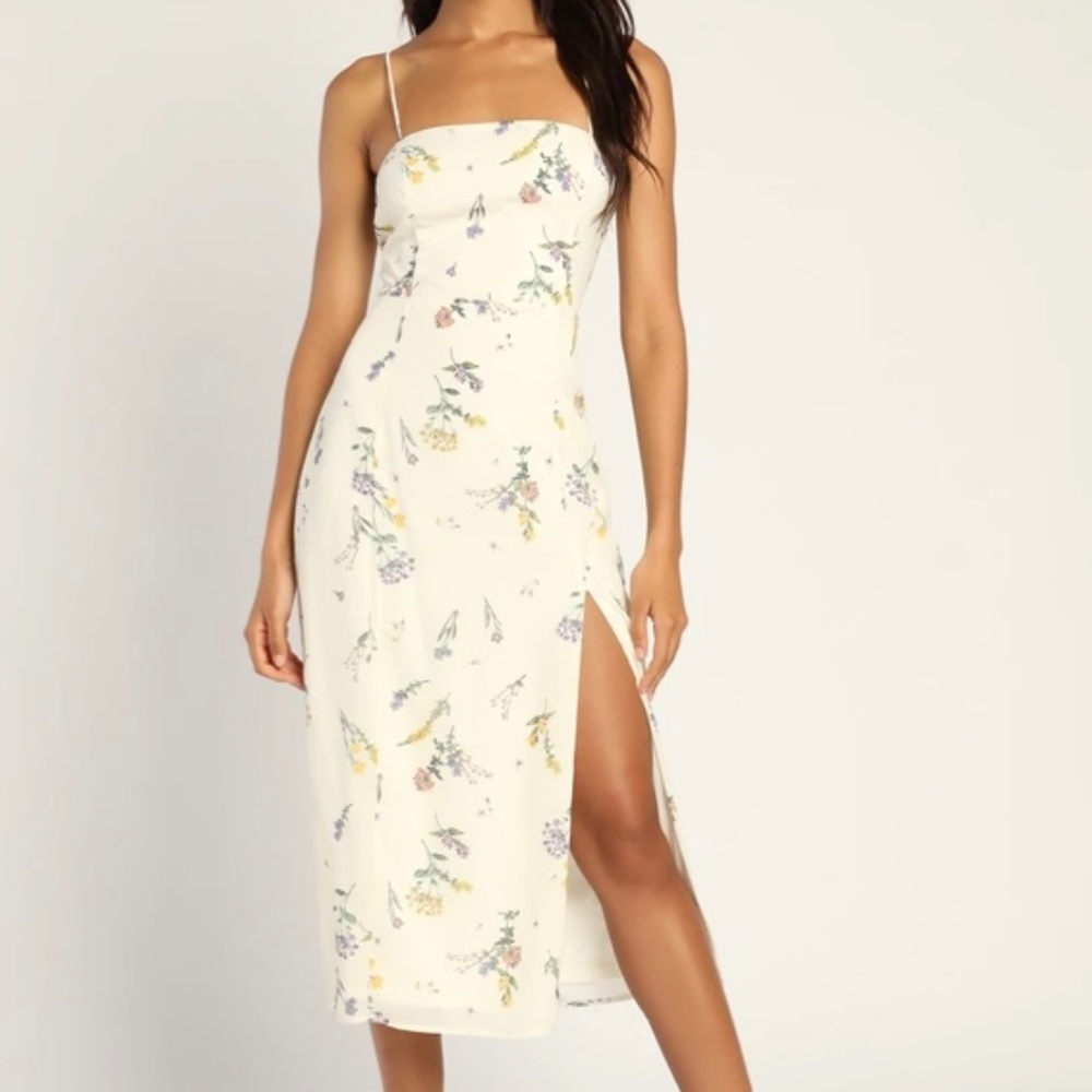 Worn Twice Lulus Feel the Love Ivory Floral Print Lace-up Midi Dress